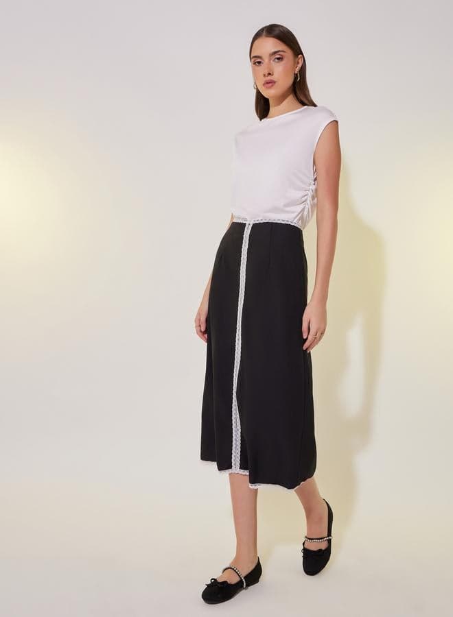 Lace Contrast Trim Midi Skirt - Image 1
