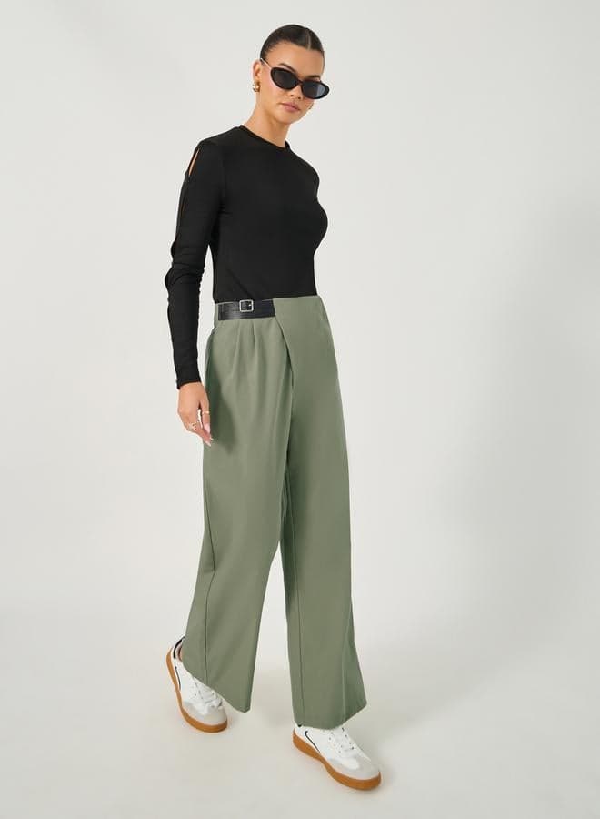 Styli Straight Fit Mid Rise Cross Panel Pants with Belt - Image 1