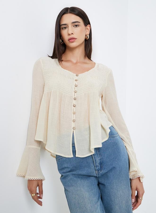 Take Two Beige Bell Sleeve Buttoned Blouse - Image 1