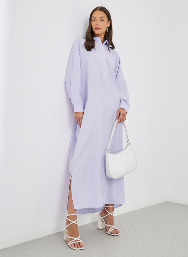 Striped Spread Collar Long Sleeve Maxi Dress - Image 1