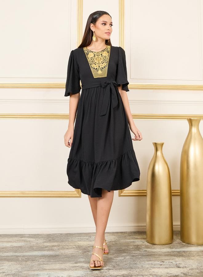Styli Embroidered Midi Dress with Tie Belt - Image 1