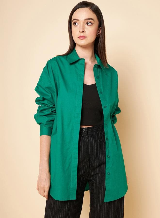 Women’s Green Cotton Solid Button-Down Shirt - Image 1