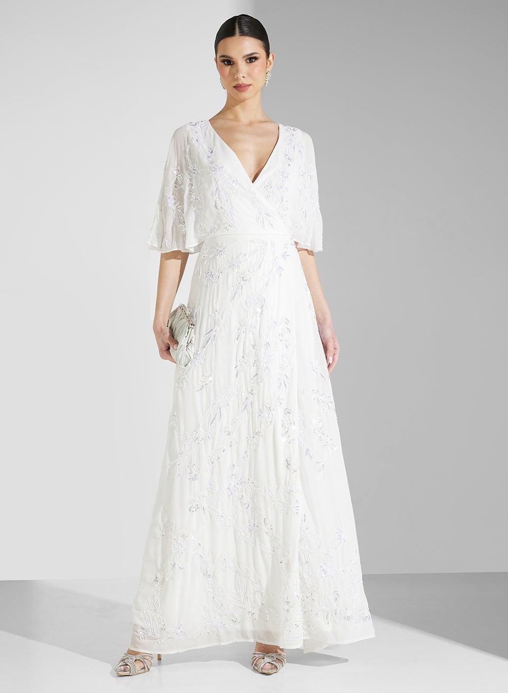 Embellished Wrap Cape Sleeve Bridal Maxi Dress - Image 1