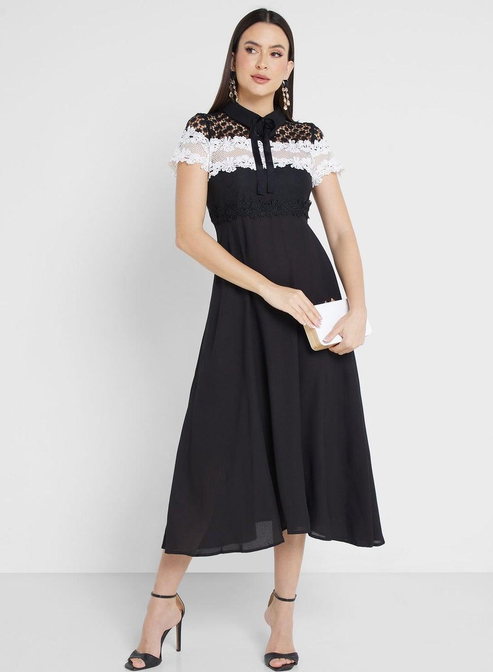 Lace Accent Black Midi Dress - Image 1