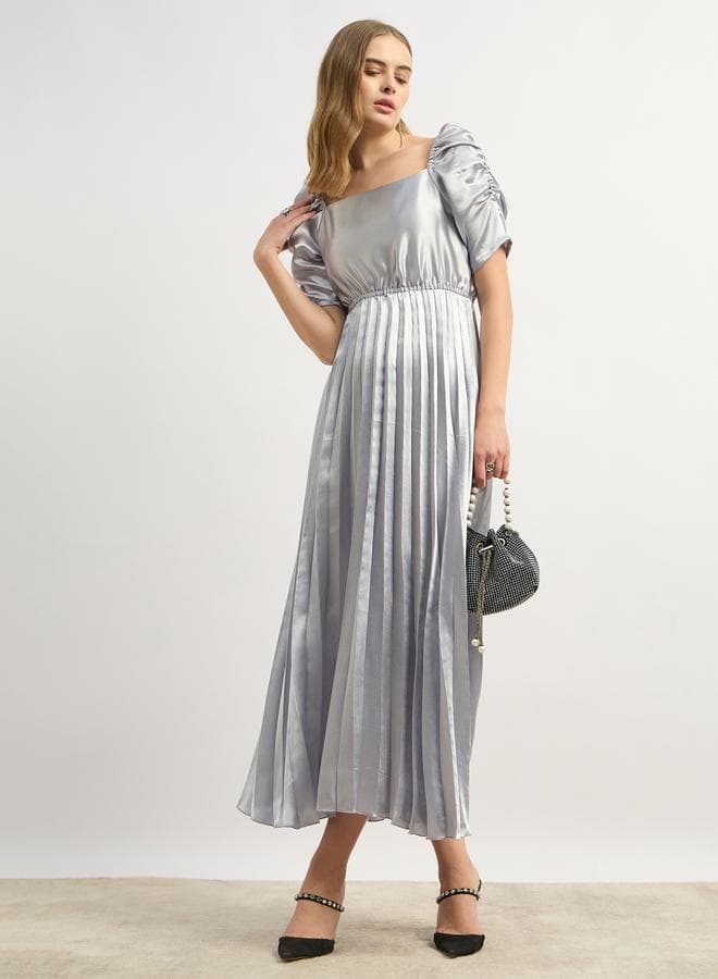 Pleated Satin Midi Dress in Silver - Image 1