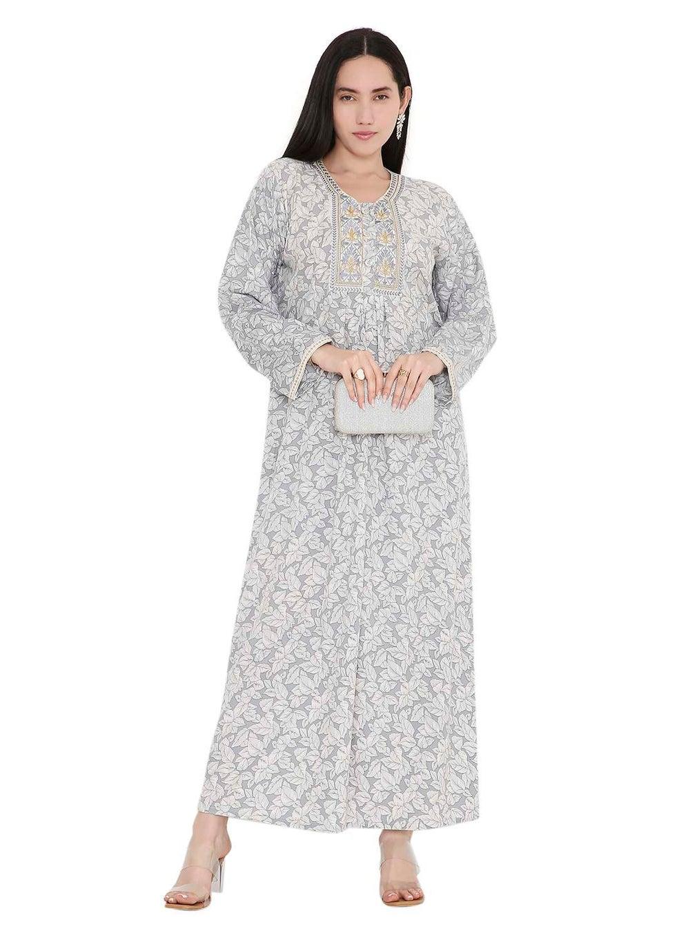 Elegant Farasha Jalabiya with Thread Embroidery and Printed Detail - Image 1