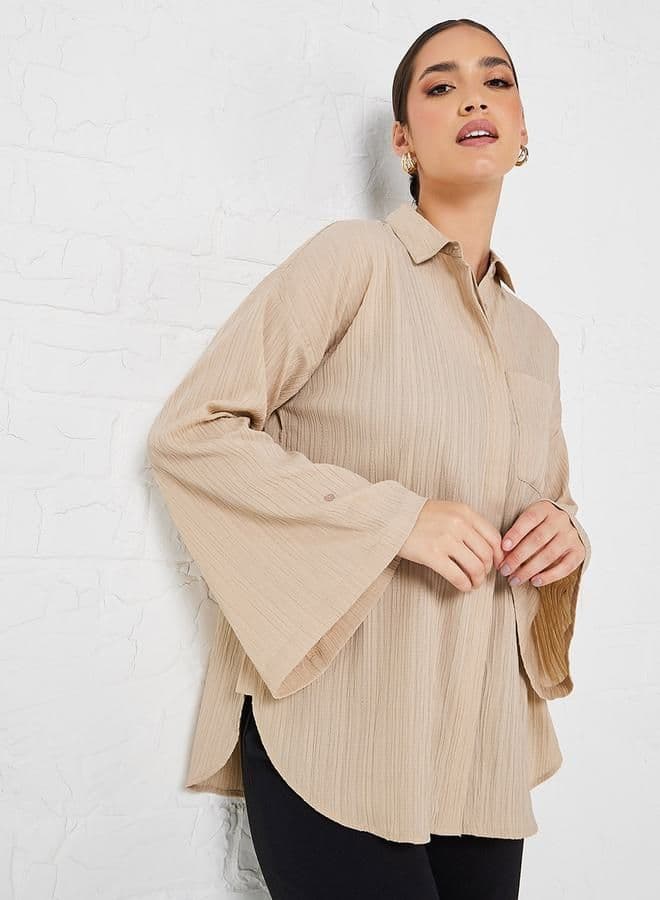 Flare Sleeve Crepe Oversized Longline Shirt - Image 1