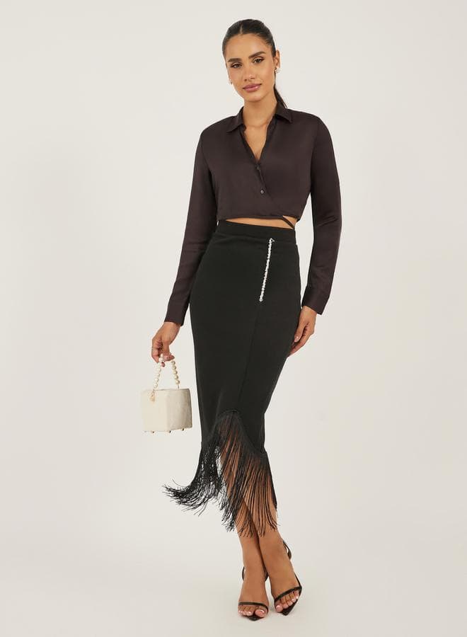 Wrap Midi Skirt with Fringe Hem - Image 1