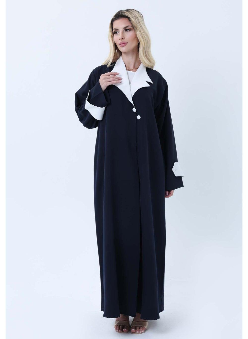 Navy White Contrast Collar Professional Abaya with Headscarf - Image 1
