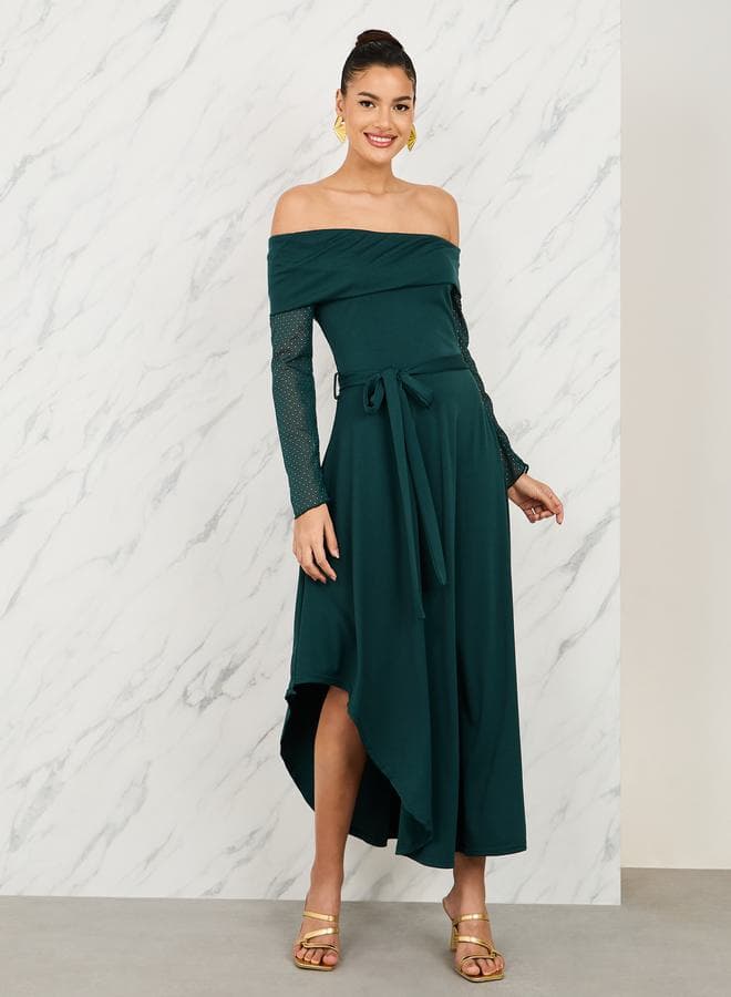 Styli Off Shoulder Embellished Sleeve Asymmetric Midi Dress - Image 1