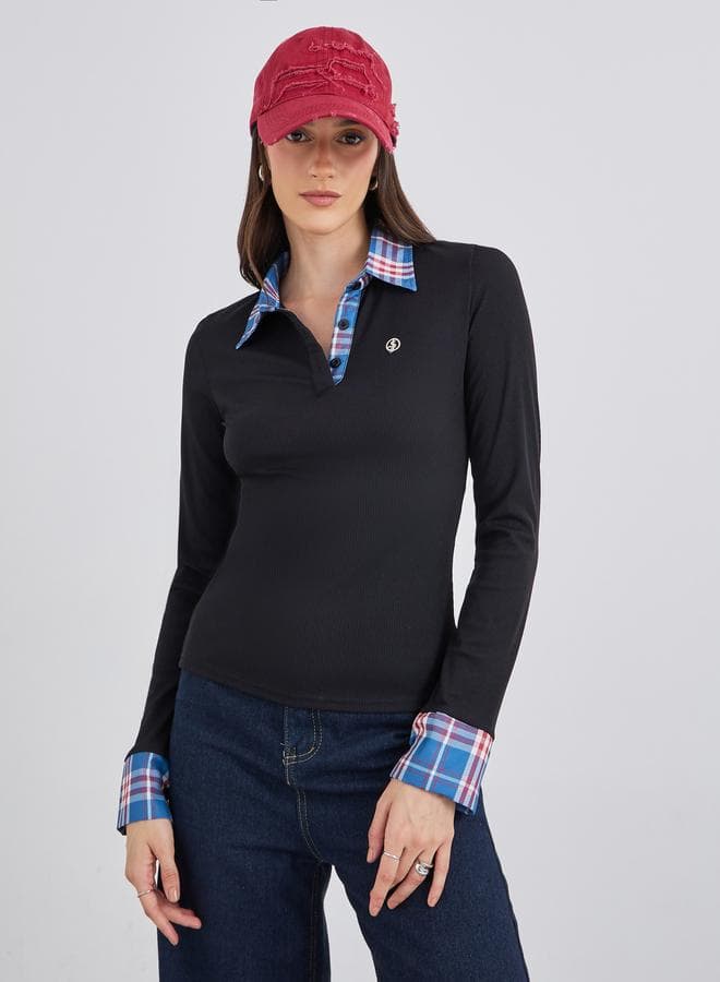 Styli Checked Contrast Collar Knit Top - Image 1