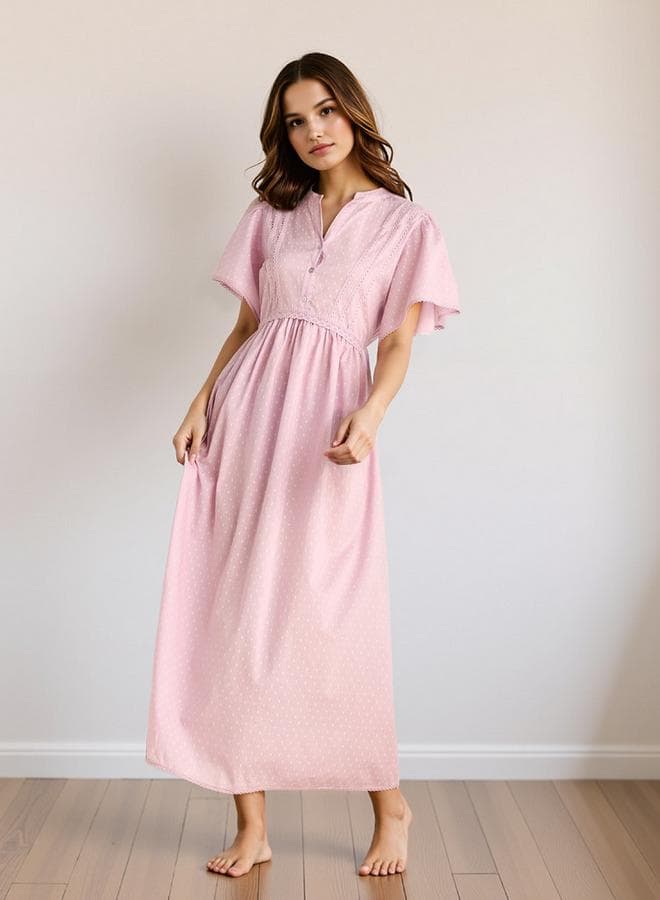 Textured Dobby Night Gown with Tie-Up Belt - Image 1