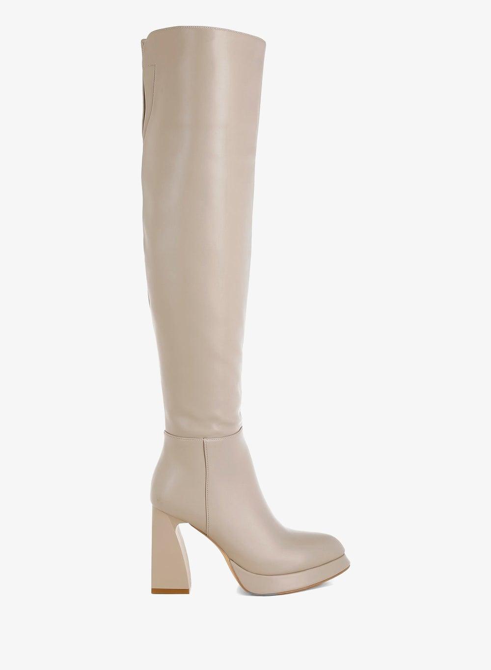 Beige Faux Leather Knee-High Boots with Flared Heel - Image 1