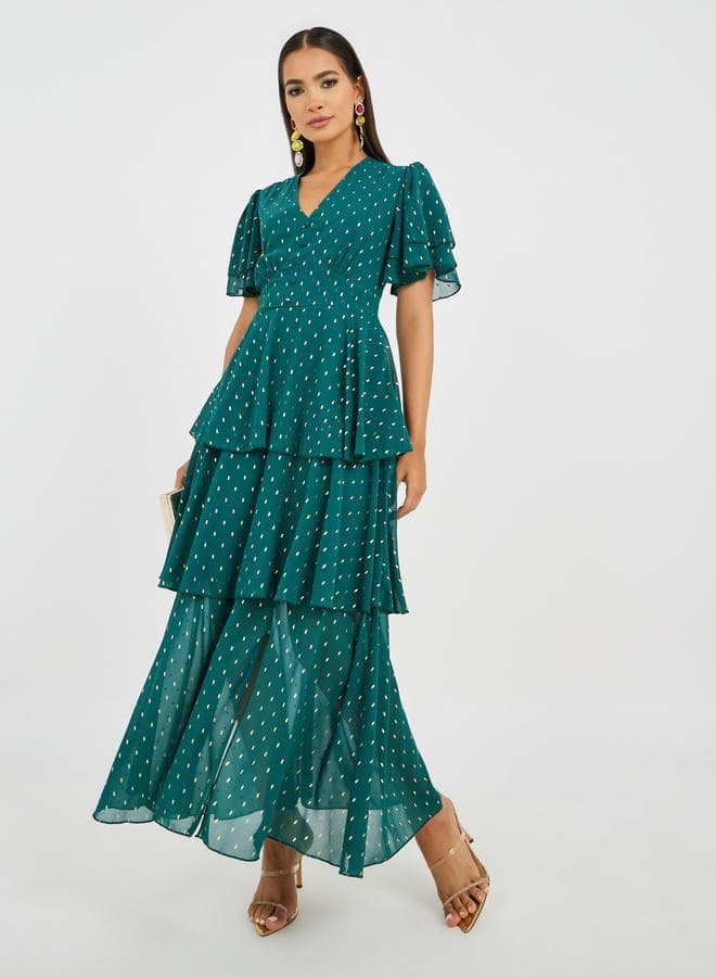 Self Design Flared Sleeve Tiered Maxi Dress - Image 1