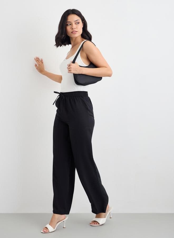 Solid Wide Leg Pants with Drawstring - Image 1