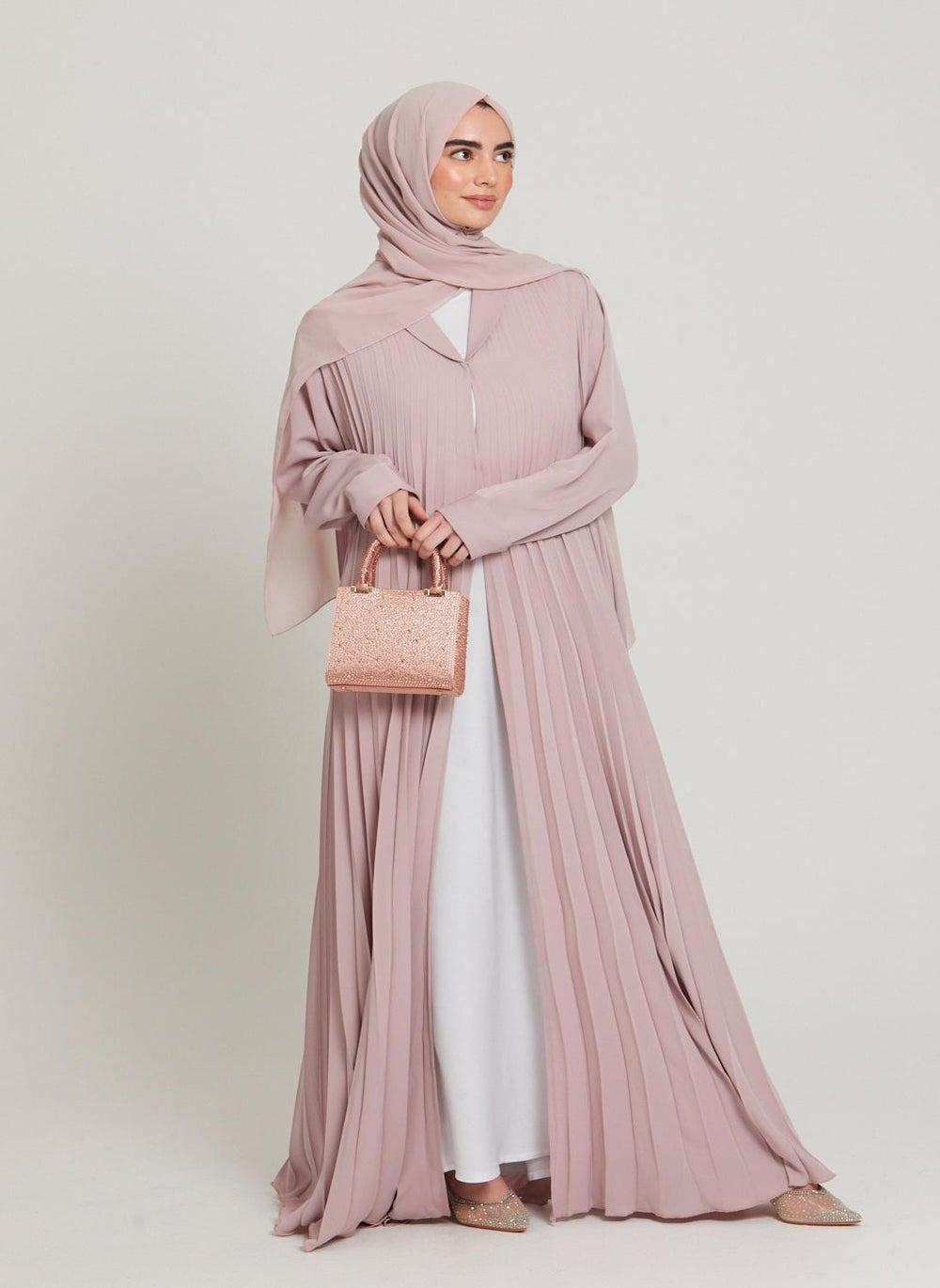 Elegant Pink Pleated Abaya with Belt & Hijab N242A - Image 1
