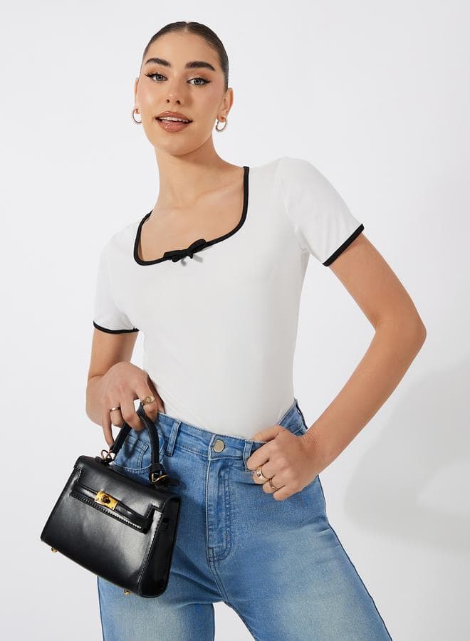 Solid Ribbed Square Neck Top with Piping Detail - Image 1