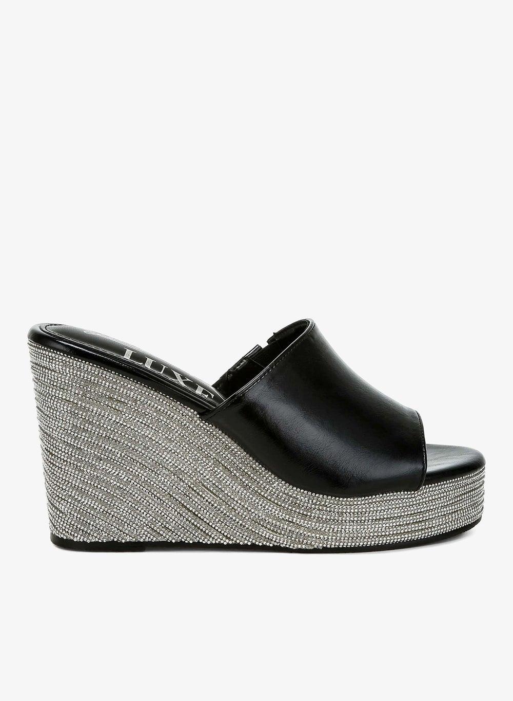 Black Wedge Heel Peep Toe Sandals with Rhinestones - Image 1