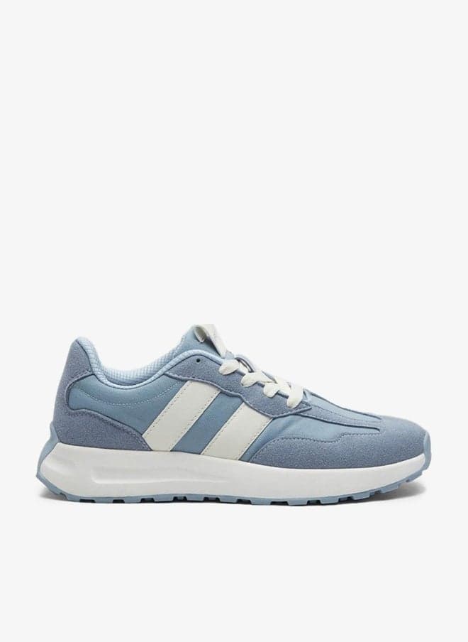Women’s Blue Low Top Sneakers with Trendy Stripe Pattern - Image 1
