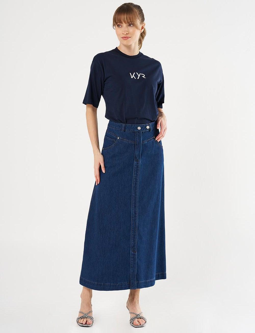 Button-Detail Navy Blue Denim A-Line Skirt - Image 1
