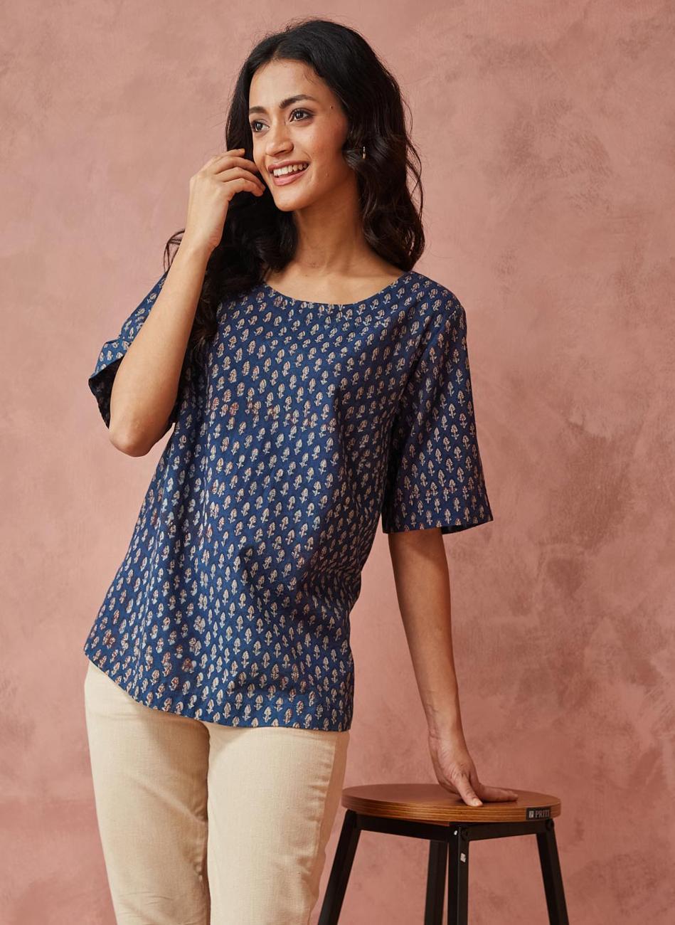 Blue Cotton Printed Top for Women - Image 1