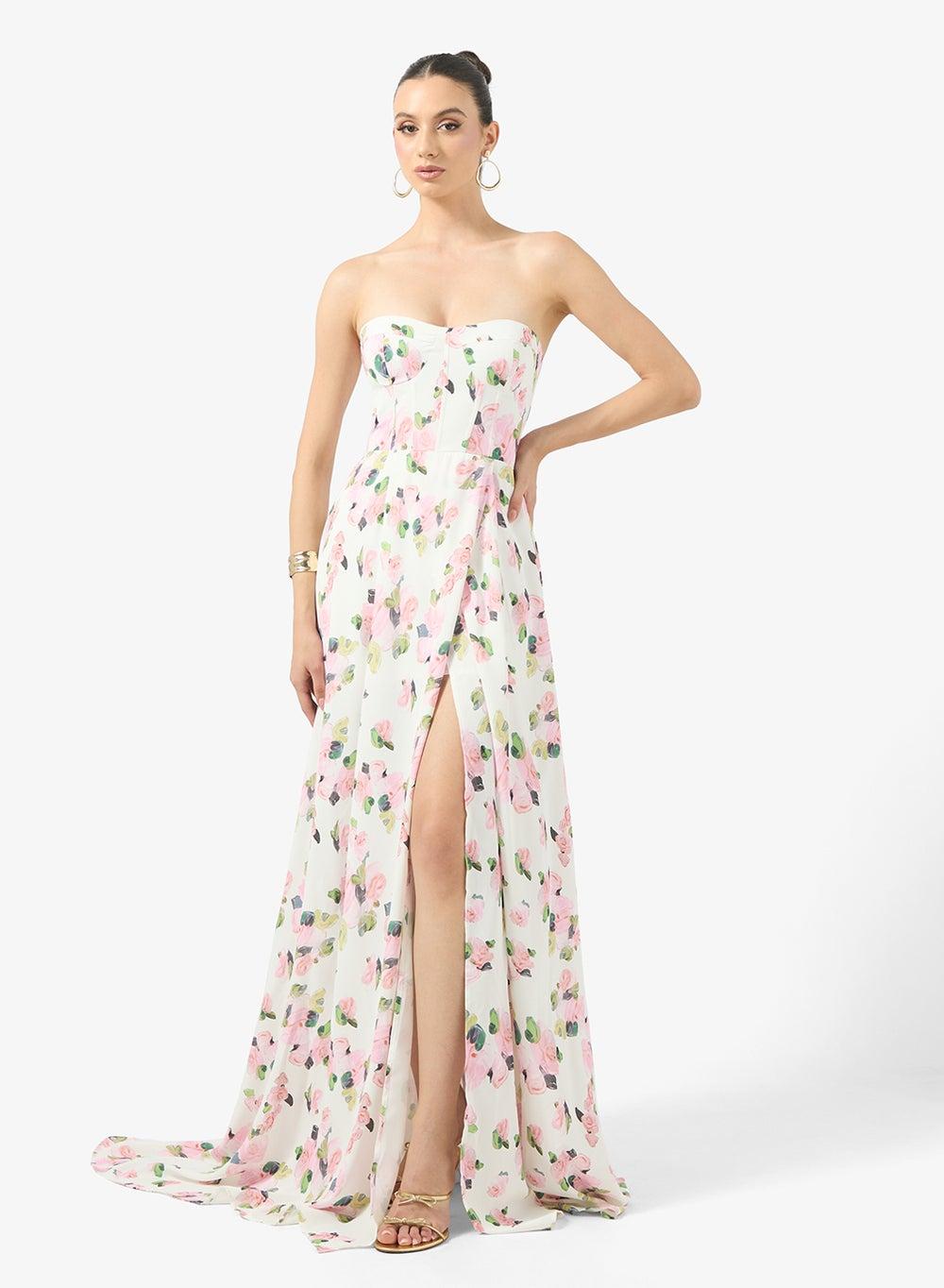 Sweetheart Corset Floral Maxi Dress with Slit - Image 1