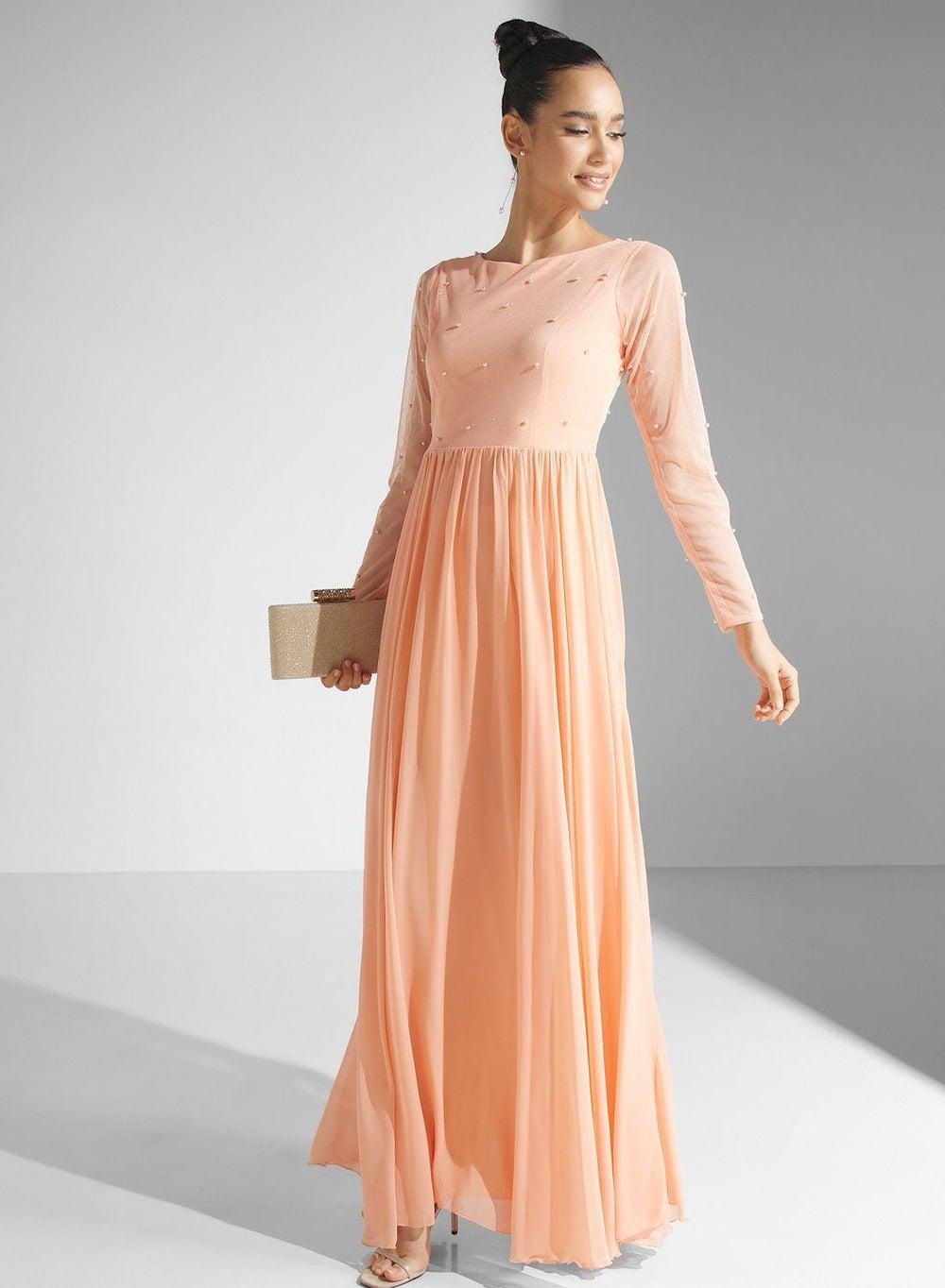 Peach Chiffon Long Sleeve Beaded Dress - Image 1