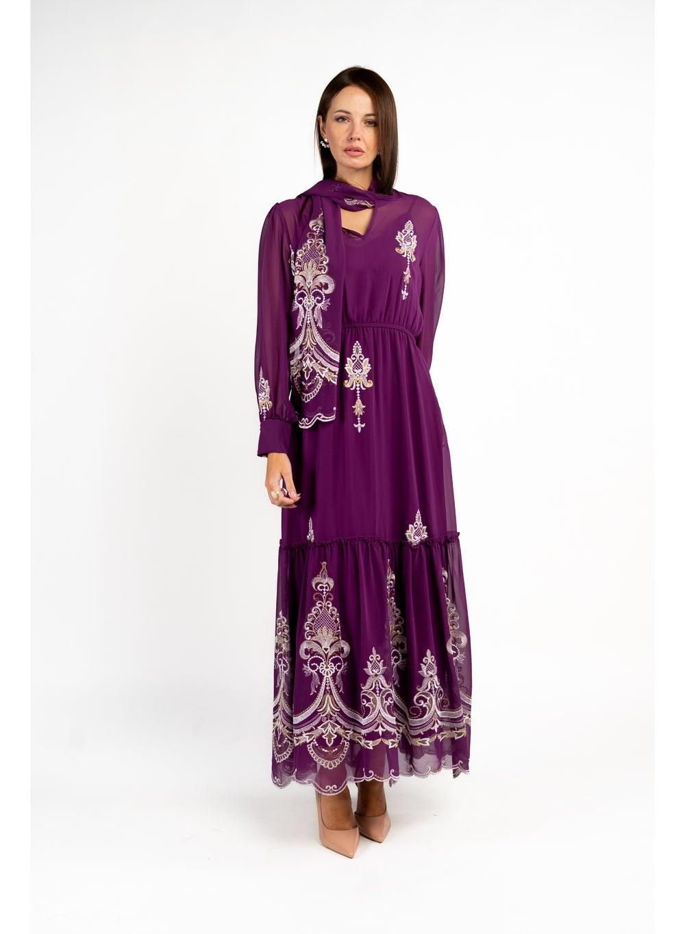 Purple Embroidered Long Sleeve Maxi Party Dress - Image 1