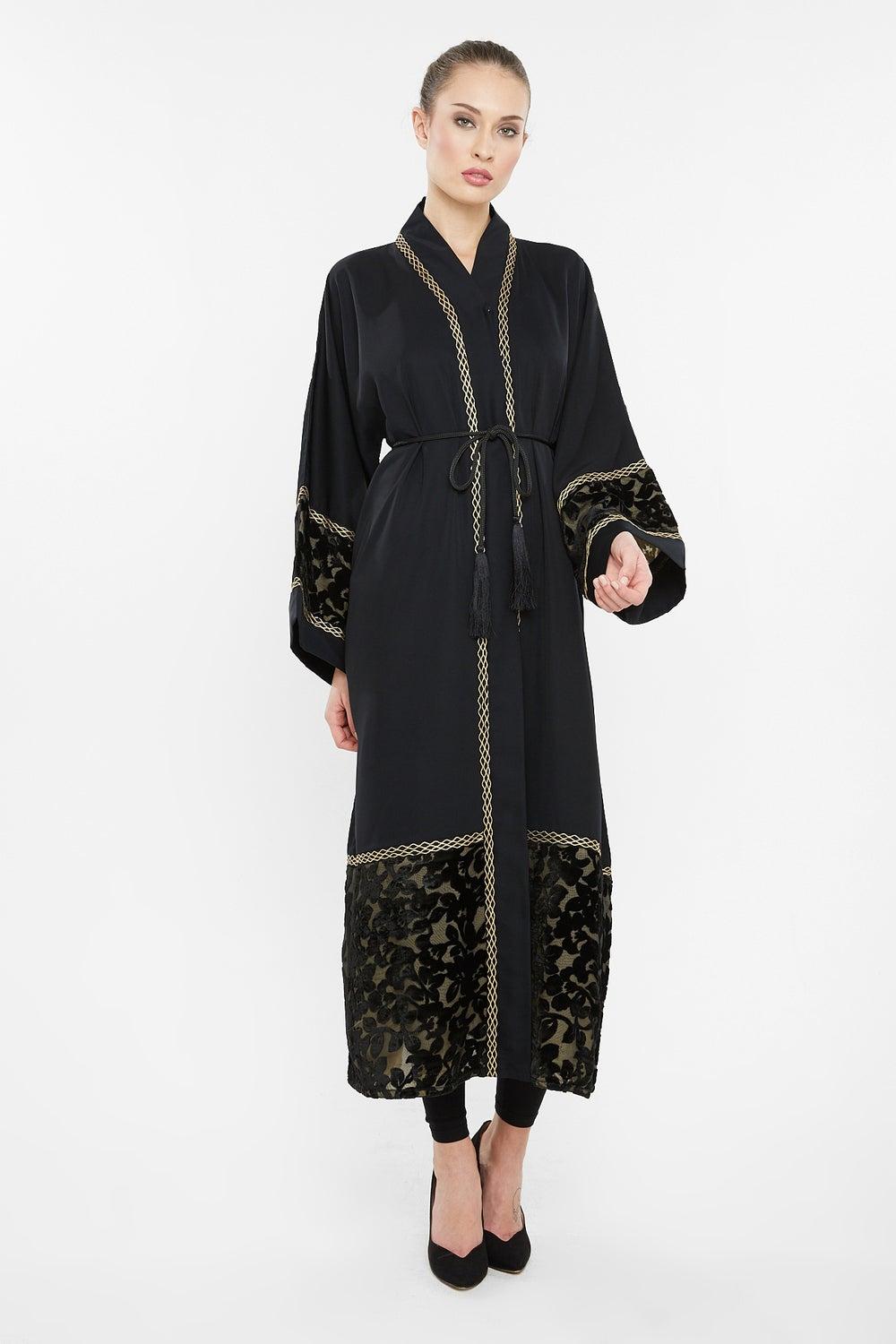 Golden Embroidered Abaya with Velvet Floral Details AJ105A - Image 1