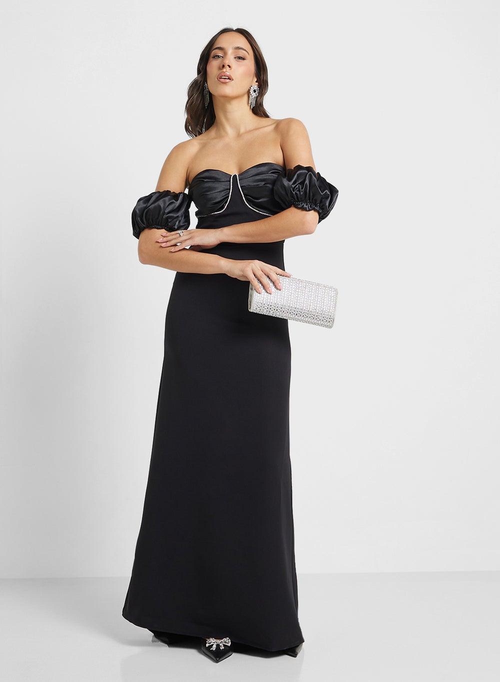 Off-Shoulder Black Evening Maxi Dress - Image 1