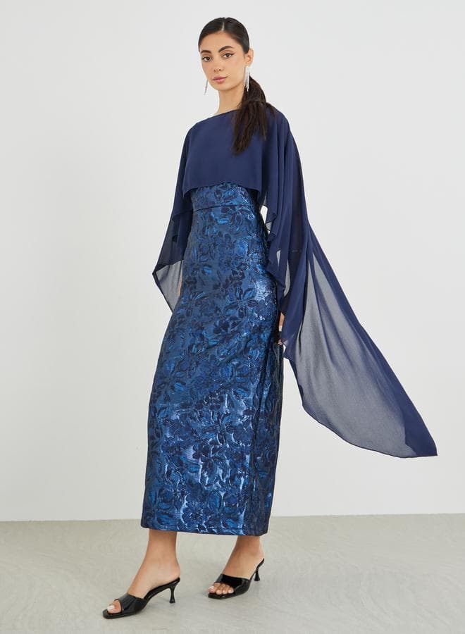 Jacquard Chiffon Cape Sleeve Maxi Dress - Image 1