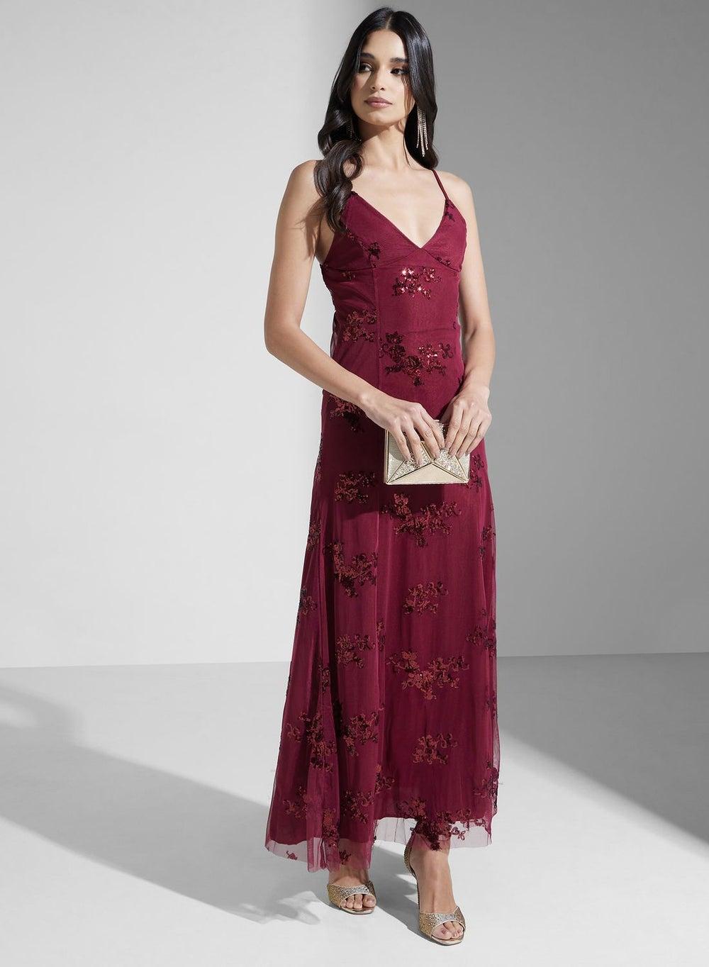 Floral Sequin Burgundy Maxi Dress - Image 1