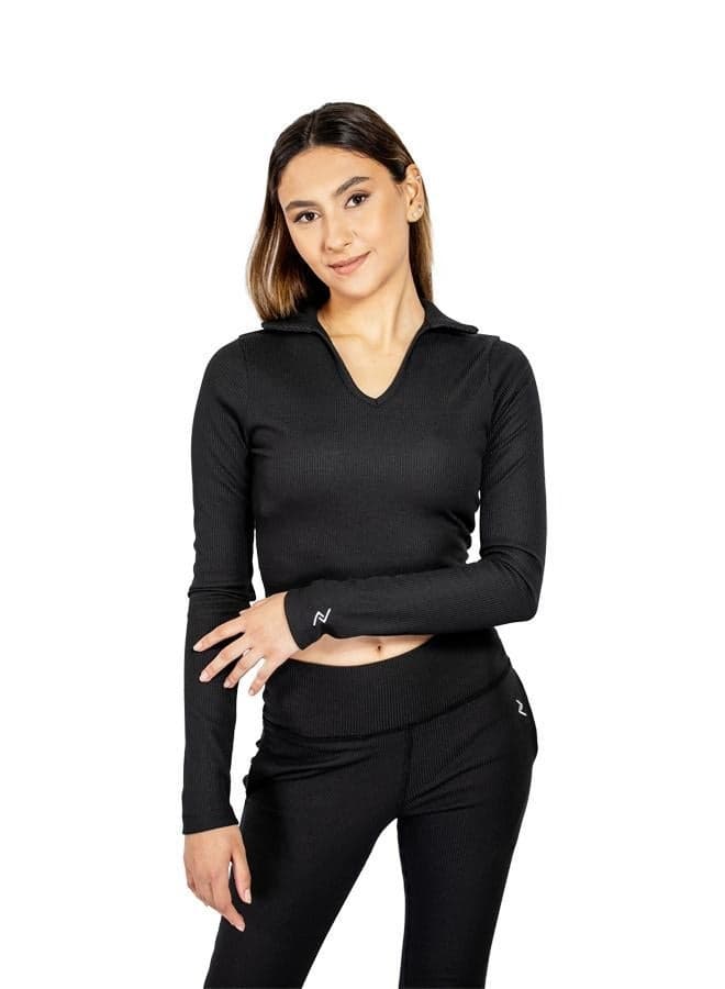 Women's Full Sleeve Ribbed Collared Crop Top - Image 1