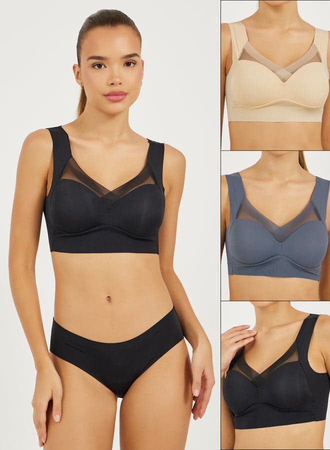 Pack of 3 Padded Non Wired Mesh Cross Over Crop Tops - Image 1
