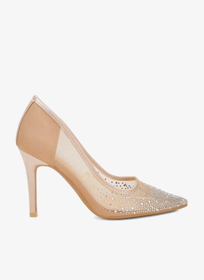 Beige Mesh Rhinestone Stiletto Pumps - Image 1