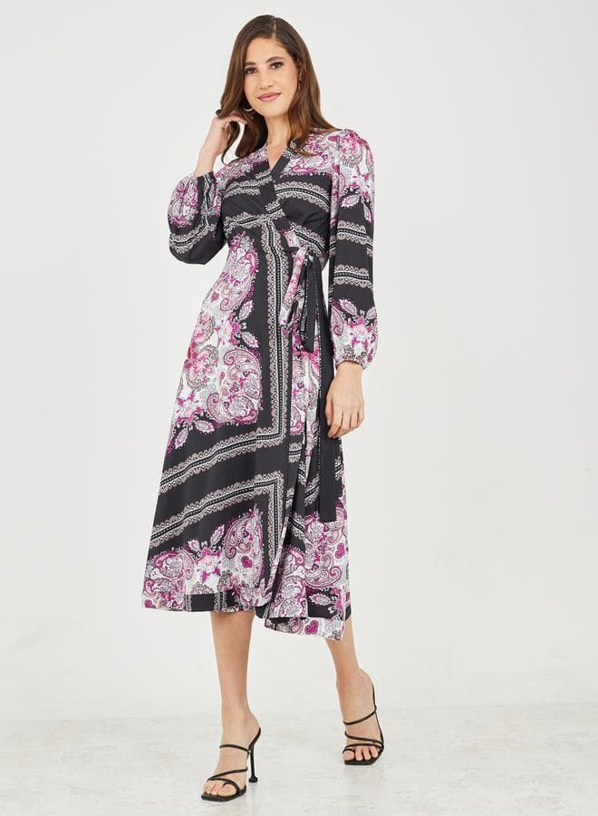 Black and Pink Paisley Wrap Midi Dress - Image 1