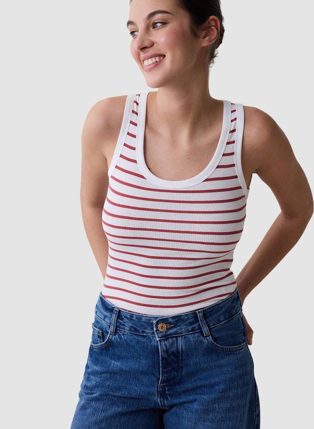 Penti White and Red Striped Sleeveless Crop Top - Image 1