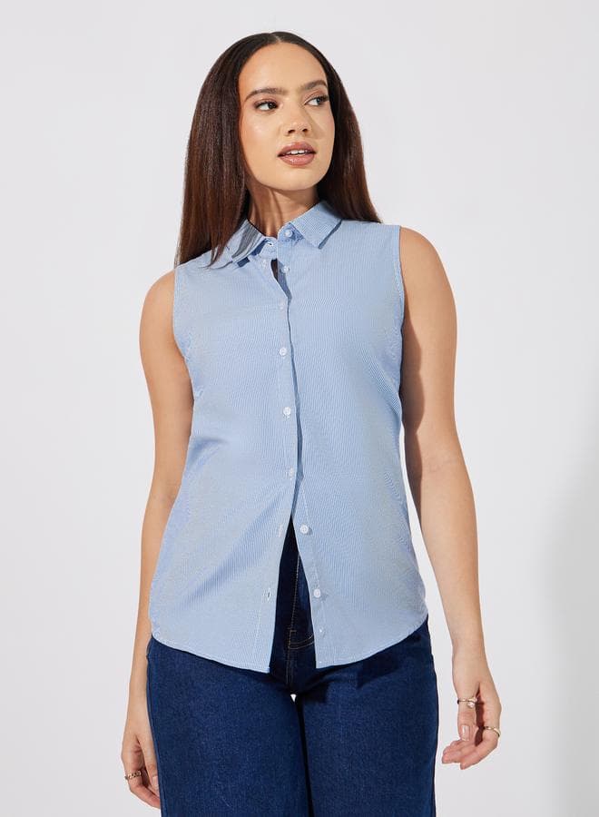 Striped Sleeveless Buttoned Down Shirt - Image 1