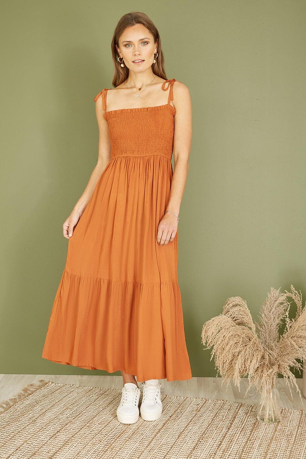 Smocked Bodice Rust Midi Dress - Image 1