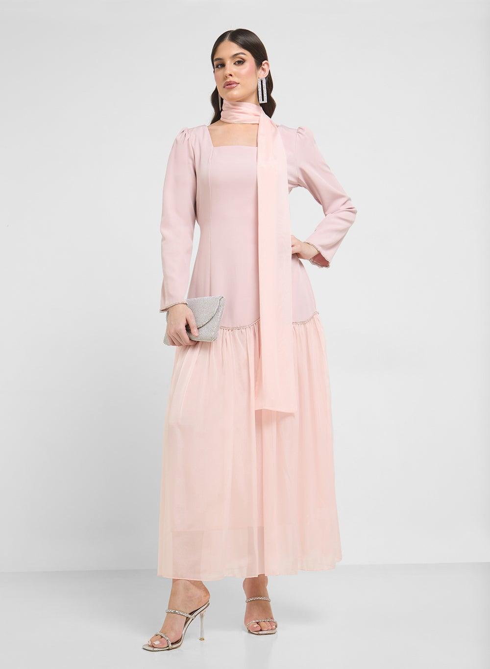 Embellished Hem Maxi Dress with Scarf - Image 1