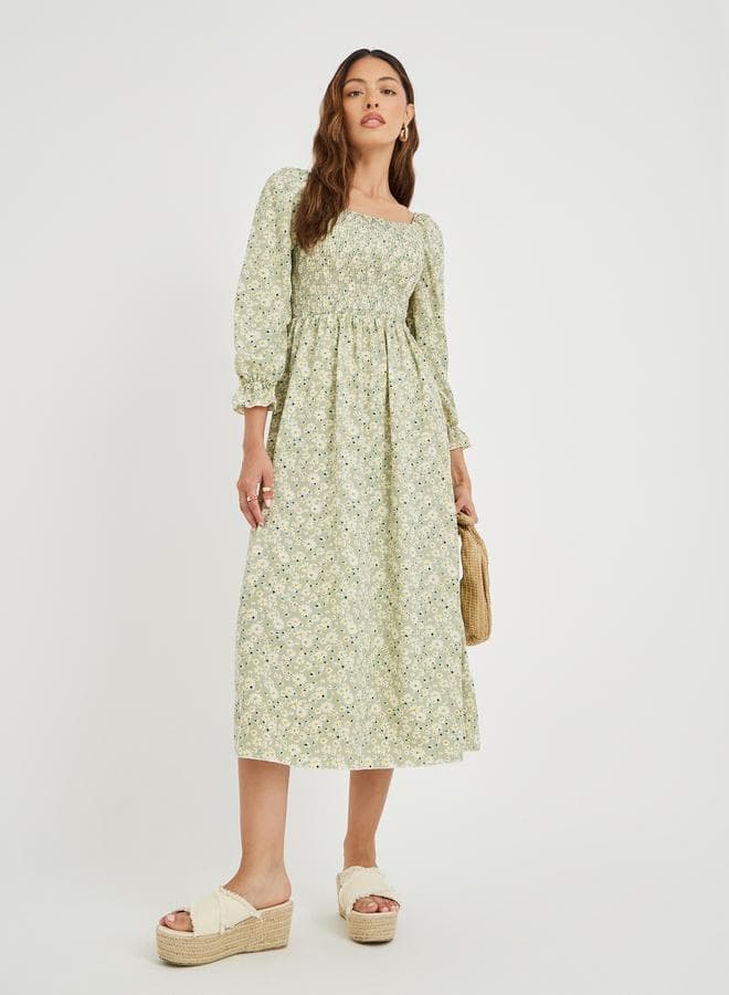 Green Floral Print Square Neck Smocked Midi Dress - Image 1