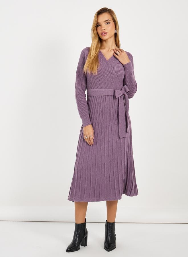 Textured Knit Sweater Midi Dress with Tie Belt - Image 1