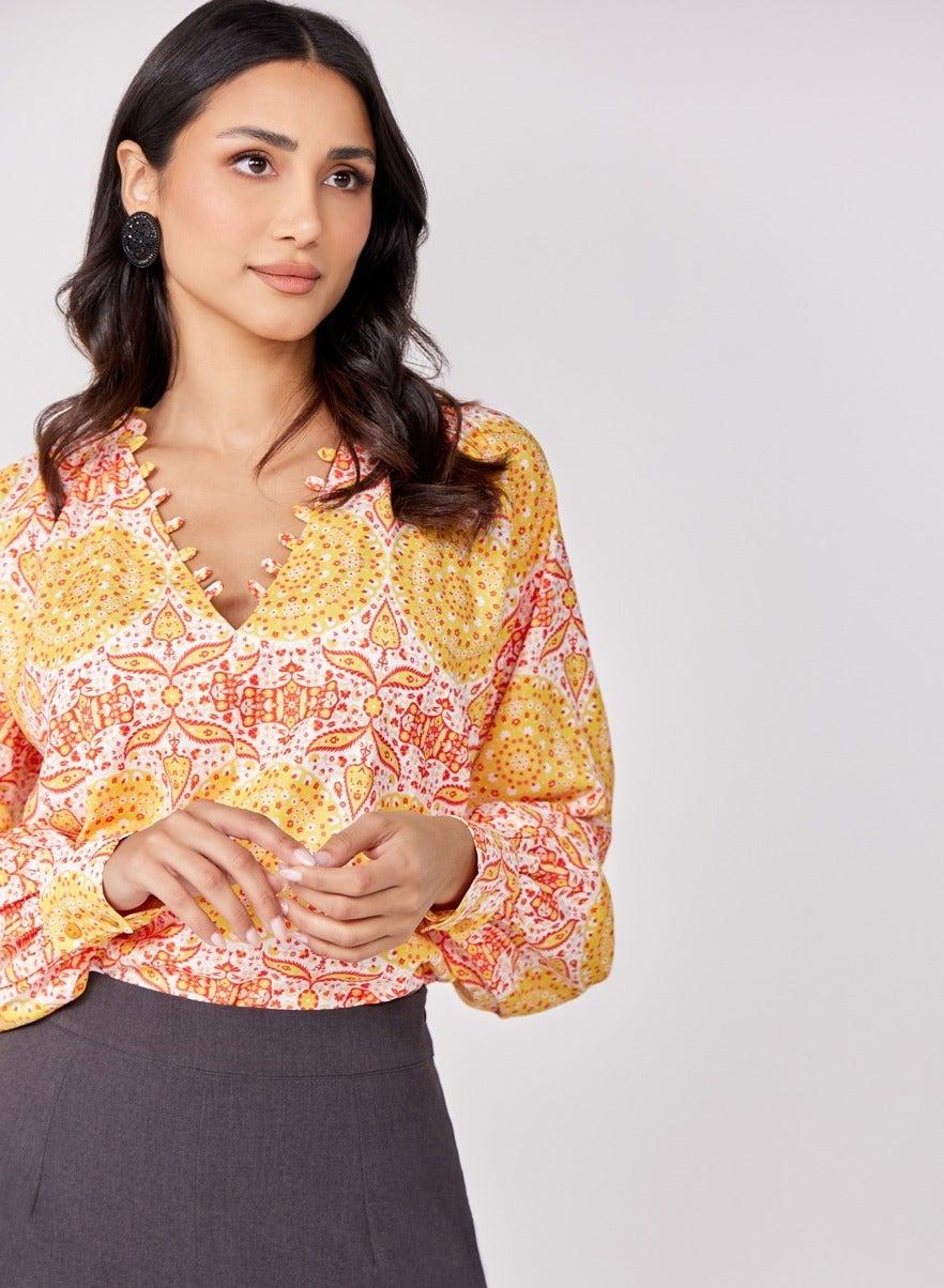 Loop Attached Printed Chiffon Blouse - Image 1
