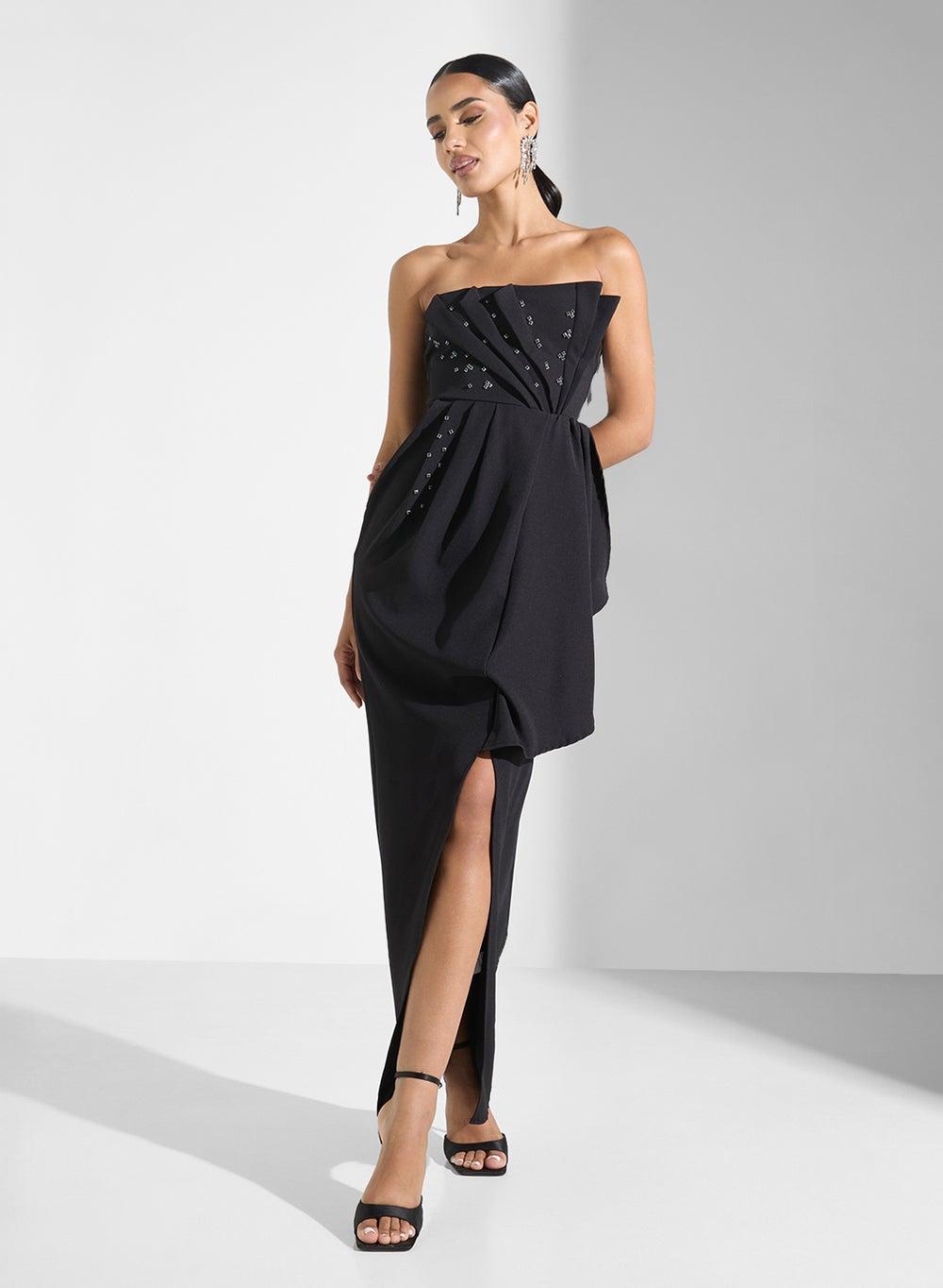 Black Strapless Slit Maxi Dress with Embellished Bust - Image 1