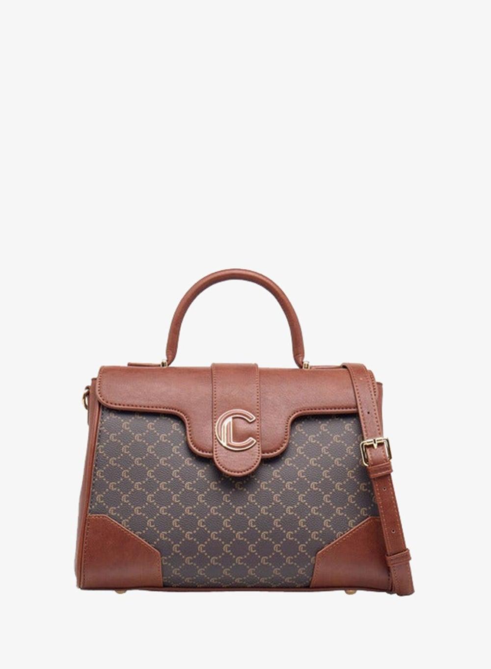 Women Monogram Print Satchel Bag with Button Closure - Image 1