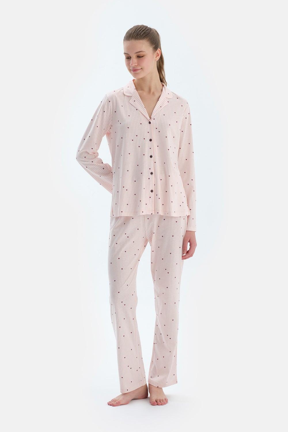 Striped Cotton Blend Pajama Set with Spread Collar - Image 1