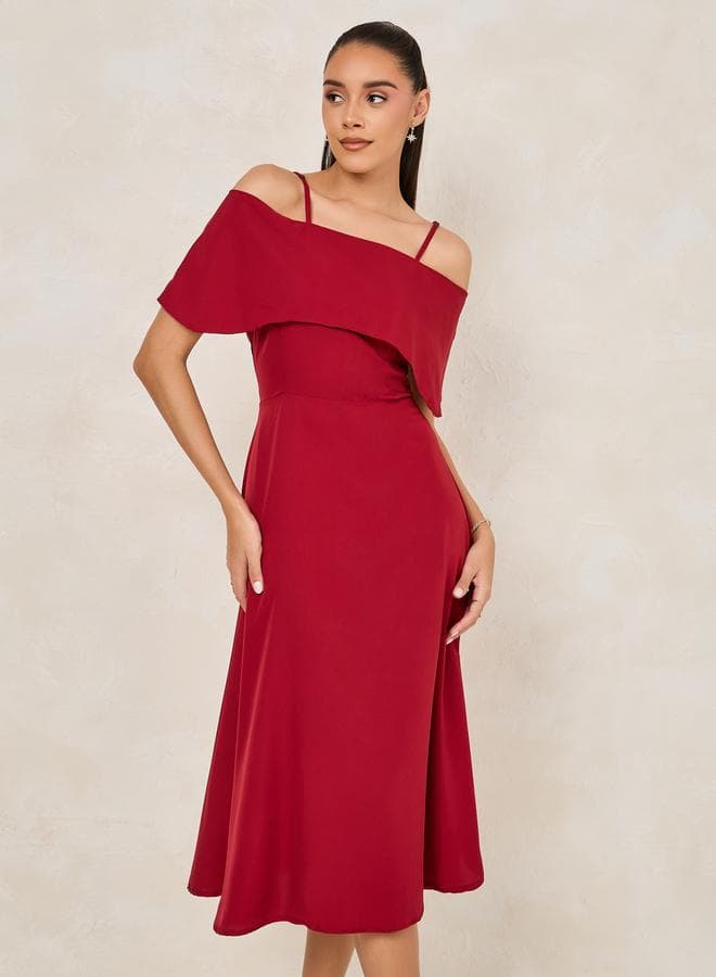 Styli Solid Cold Shoulder Flare A-Line Midi Dress - Image 1