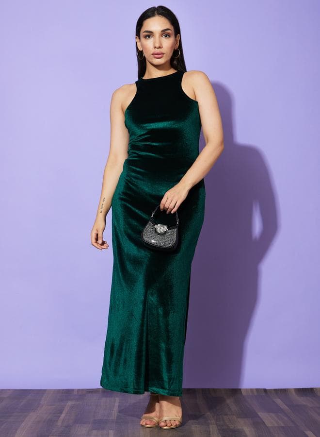 Women Green Solid Halter Neck Sheath Maxi Dress with Slit - Image 1