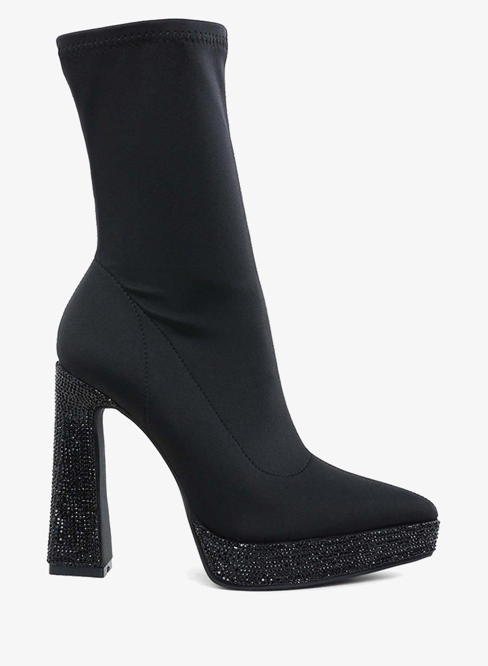 Black Lycra Rhinestone Ankle Boots - Image 1