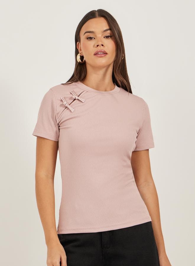 Textured Bow Detail Round Neck T-Shirt - Image 1